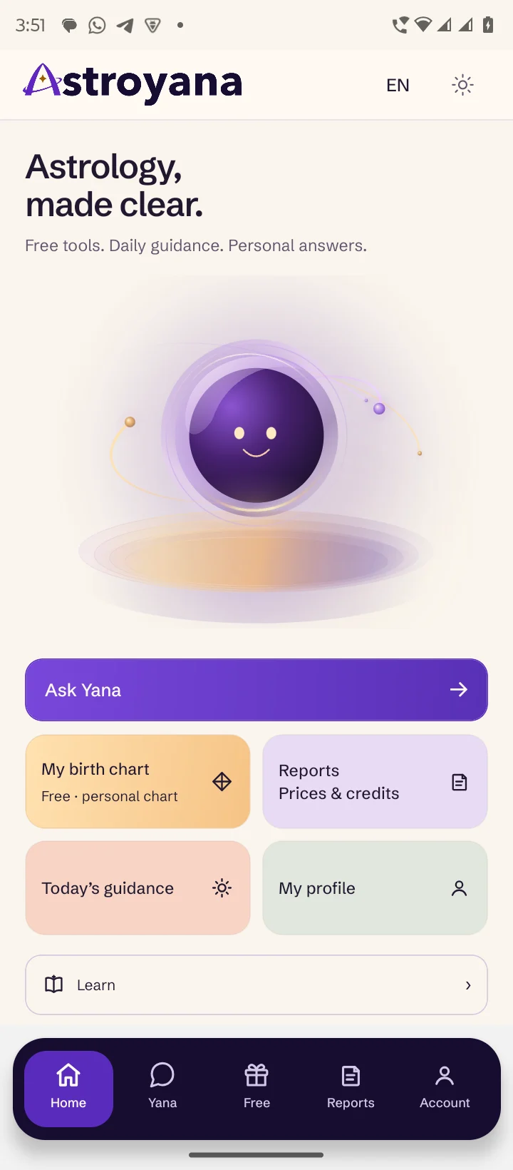 AstroYana Android app Home screen