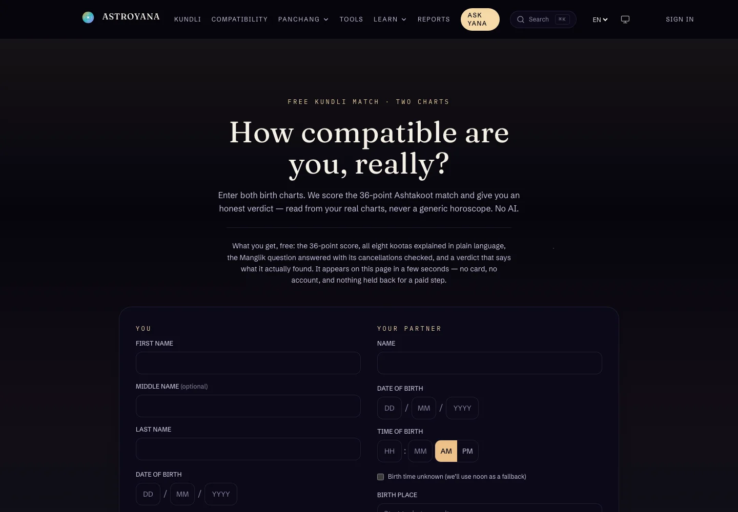 Astroyana compatibility interface for entering details for two people