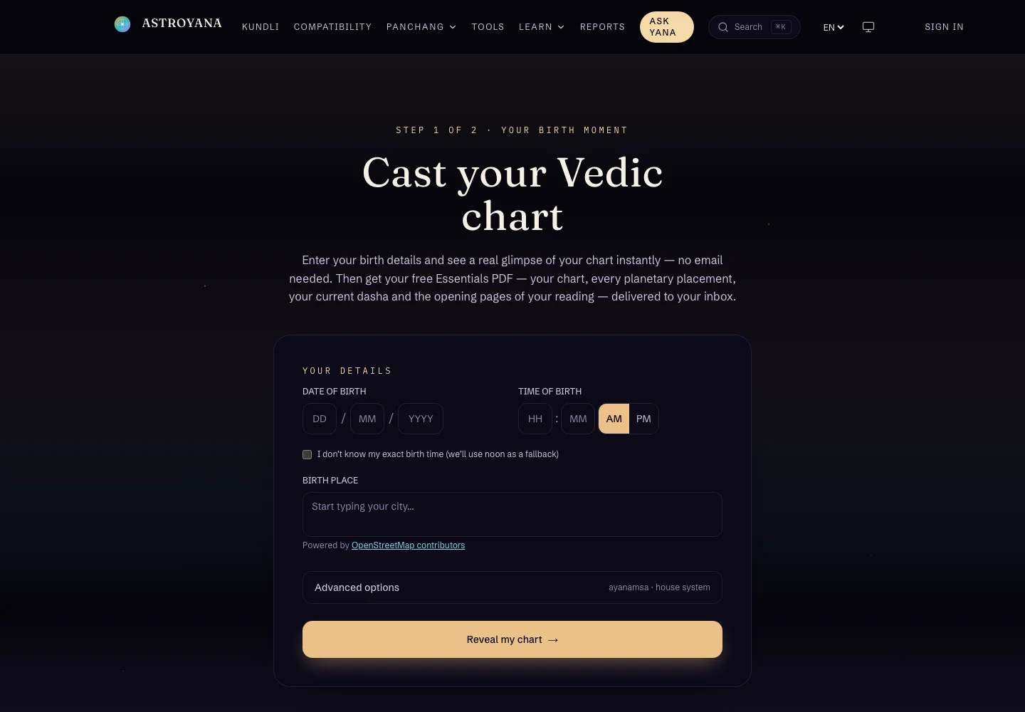 Astroyana Vedic chart interface